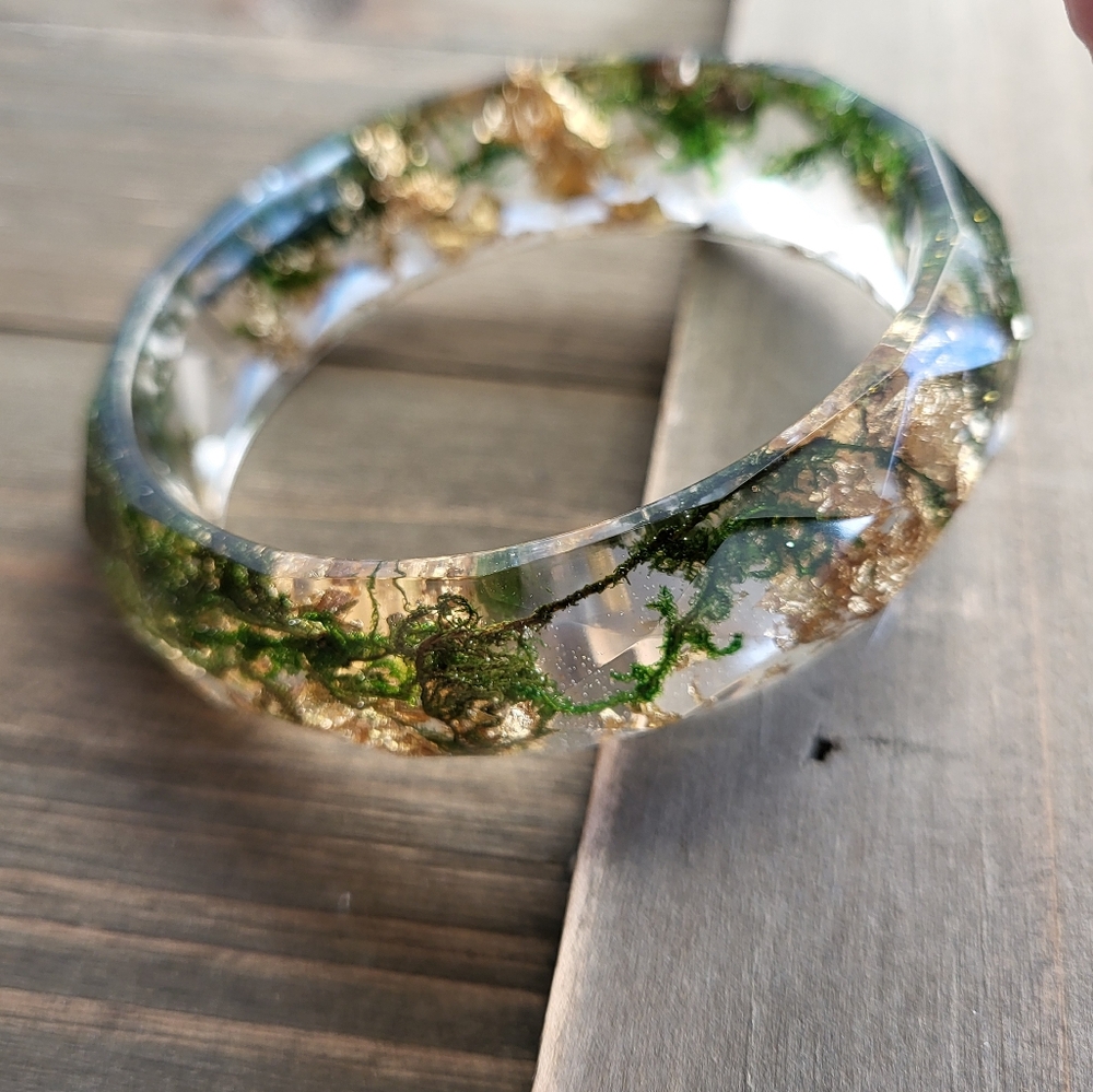 Forest Moss Gold Flake Resin Bangle- Real Gold Flake Jewelry- Resin Bracelet- Ba